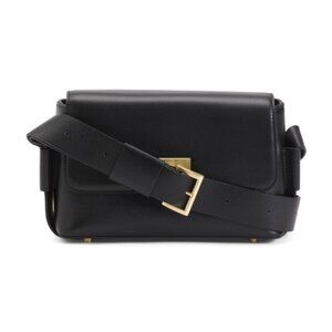 MONCREIF LONDON Soft Black Grain  Leather Crossbody Bag Belted Strap